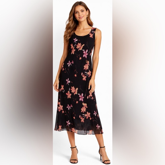 Mary McFadden Dresses & Skirts - Black Dress w/Pink & Yellow Flowers Backyard Core Beach Summer XL